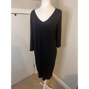 Eileen Fisher V Neck Midi Black Viscose Spandex Dress L 3/4 Sleeves Stretch